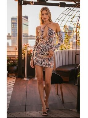 NWT h:ours Riven Mini Dress in Orange Black Leopard Print Size XS